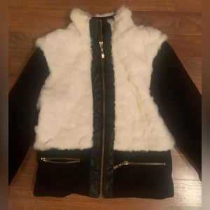 Girls  black coat with faux white fur and gold zipper size large 10